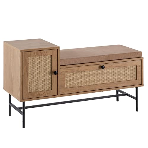FineBuy Schuhbank mit Sitzfläche 100x60x38 cm Garderobenbank Eiche-Dekor, Sitzbank Rattan Klein Gepolstert, Bank Schmal Flur mit Stauraum, Flurbank Flurmöbel mit Schublade und Tür Braun FineBuy Schuhbank mit Sitzfläche 100x60x38 cm Garderobenbank Eiche-Dekor, Sitzbank Rattan Klein Gepolstert, Bank Schmal Flur mit Stauraum, Flurbank Flurmöbel mit Schublade und Tür Braun