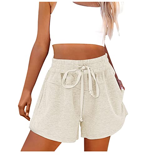 Qunpiu Women's Casual Summer Sweat Shorts Athletic Gym Short Pants Loose Hiking Running Jogger Sweatpants With Pockets Beige #TOP27