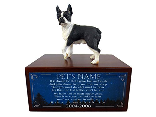 Beautiful Paulownia Small Wooden Urn with Boston Terrier Figurine & Personalized Poem The Last Battle