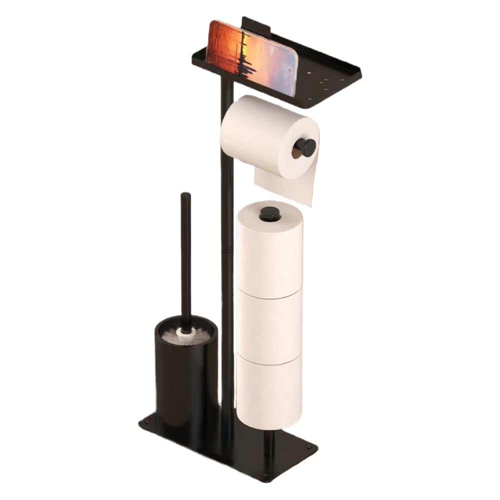 Toilet Brushes & Holders,Free Standing Toilet Roll Holder with Brush and Wipes or Phone Shelf for Wet Wipes,Bathroom Accessories Tissue Holders,Loo Roll Holder Free Standing Holds 4 Rolls (Black)