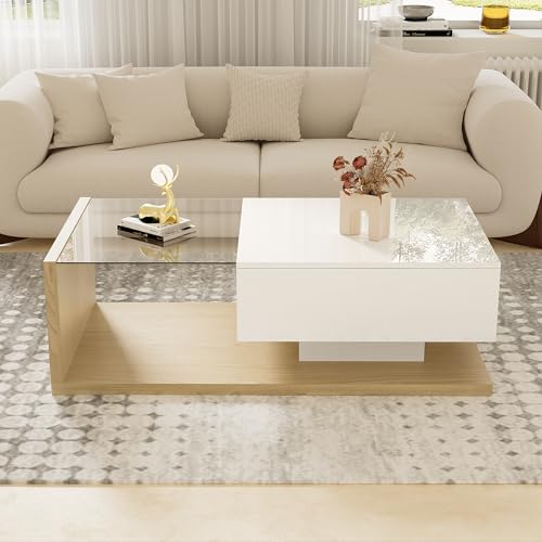BTM Table Basse LED Moderne, en Verre, Table Basse Bois avec Tiroir Grand, Carrée, Charge de 30kg, 105x55x32.5cm, Blanc et Bois Naturel
