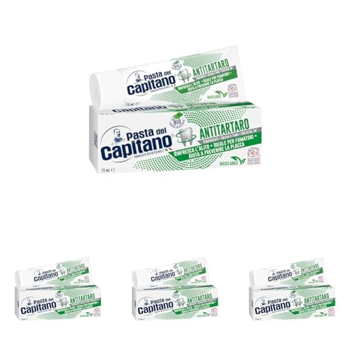 Pasta del Capitano, Dentifricio Antitartaro Bio, Dona Freschezza e Rinfresca l'Alito, Ideale per i Fumatori, Aiuta a Prevenire la Placca, 100% Made in Italy, Tubetto da 75 ml (Confezione da 4)