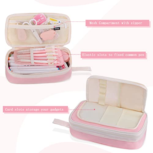 Image of iSuperb Big Capacity Pencil Case Large Pencil Pouch Portable Pen Bag with 2 Compartments Pink Pen Organizer for School Teen Girls Women