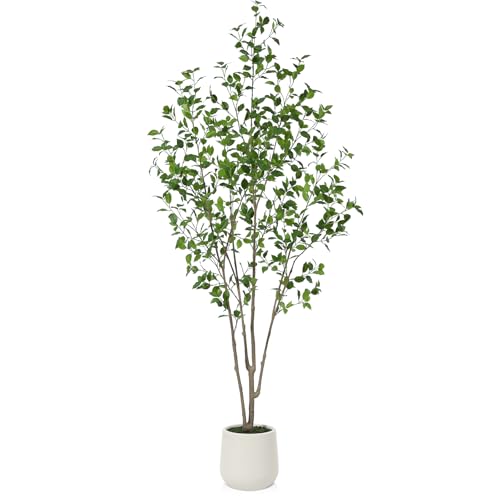 Artificial Ficus Tree 7ft with White Planter Tall Fake Ficus Tree for Home Decor Indoor Faux Ficus Floor Plant with Green Fake Moss for Office Living Room