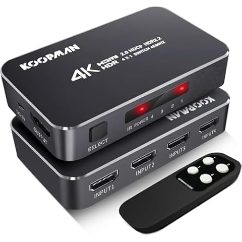 4K HDR HDMI Switch, Koopman 4 Ports 4K 60Hz HDMI 2.0 Switcher Selector with IR Wireless Remote, Supports UltraHD Dolby Vision, High Speed(Max to 18.5Gbps), HDR10, HDCP 2.2 & 3D Cover
