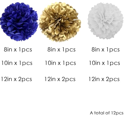 Image of We Moment Navy Blue Gold White Paper Pom Poms Decorations for Boys Girls Birthday Graduation Decoration Ceiling Wall Hanging Tissue Flowers Decorations 12pcs,3 Colors
