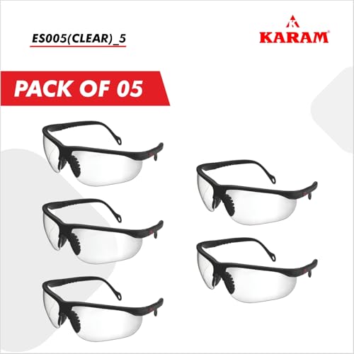 Image of Karam ES005 Safety Goggles with Transparent Lens | Scratch & Impact Resistant | Safety Glasses for Multipurpose Use for Pollution, Dust, Riding & Construction Work | PACK OF 5