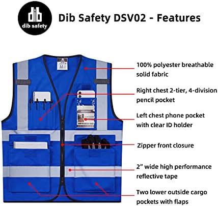 Dib Safety Reflective Vest ANSI Class 2, High Visibility Vest with Pockets and Zipper, Construction Work, Hi Vis