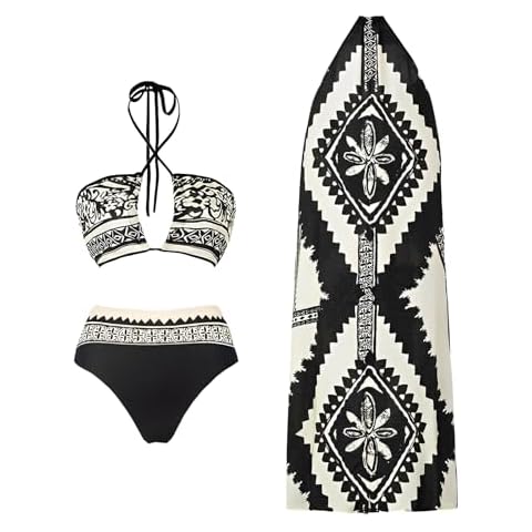 tengweng Women's 3 Piece Bathing Suits Sexy Floral Print Bikini Set with Cover Up Skirt Cover