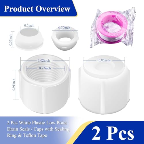 Image of 2 pcs White Plastic Low Point Drain Seals /Caps w /Sealing Ring & Teflon Tape | Fits RV, Camper, Travel Trailer 1 /2 Inch Hot & Cold Water Lines, Fit for Pex Pipe /Tubing Fittings, RV Accessories / Fittings