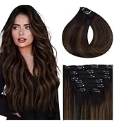 Vivien Clip in Hair Extension Human Hair Balayage Clip in Human Hair Extensions Black to Medium B...