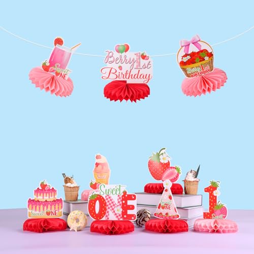 Image of 9pcs Strawberry 1st Birthday Honeycomb Centerpieces First Birthday Party Decorations for Girls Sweet ONE Strawberry Table Centerpieces Baby Shower One Birthday Table Topper Sign Decorations