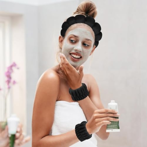 Image of MAYCREATE Spa Headband and Wristband for Women Girls Face Washing, Sunflower Sponge Makeup Hairband Skincare Flannel Wrist Washband Set, Soft Elastic Facial Accessories Combo - Black