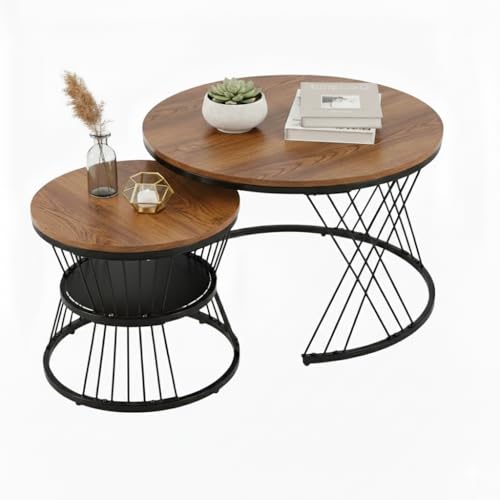 Image of The Round Coffee Table and The Stacking Tea Table with a Gold Metal Frame are Two Versatile Modern Center Tables That Look Great in Living Rooms (X Black Brown)