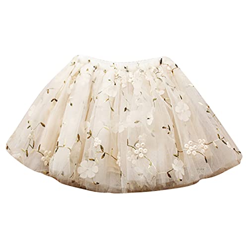Toddler Girls Layered Tutu Tulle Skirt Baby Girls Mesh Soft Fluffy Tutu Skirts Flower Embroidered (Beige, 18-24 Months)