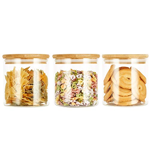 SXUDA 3 Pack Glass Food Storage Jars Containers with Airtight Bamboo Lids, 22 OZ High Borosilicate Glass Kitchen Canisters For Serving Tea, Coffee, Flour, Sugar, Candy, Cookie, Spice and More