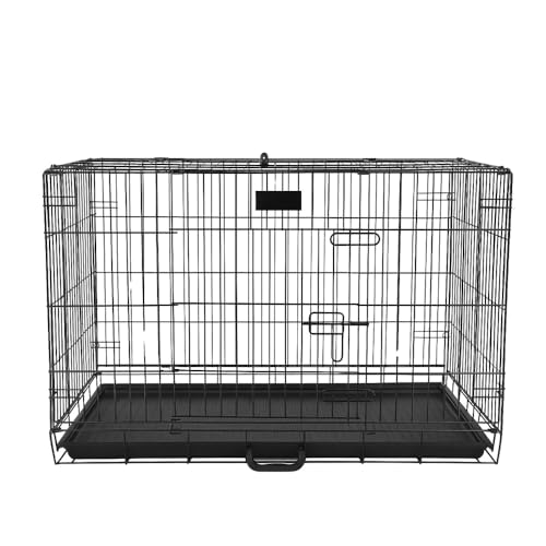 Image of PETJOY Foldable Metal Dog Cage | Dog Crate Kennel for Puppies, Small Dogs, Cats & Rabbits | Single Door with Secure Lock, Removable Leak-Proof Tray | Portable & Easy to Clean Pet Cage (Black, 30 INCH)