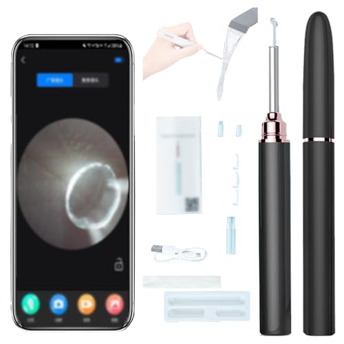 NOOGRRFA Pulitore per Orecchie con Telecamera,Otoscopio con Luce,Ricarica USB,Wi-Fi Direct,per iOS E Android,Endoscopio Pixel da 500W,6 Luci LED Ad Alta Luminosità,con 3 Pulisci Orecchie Black