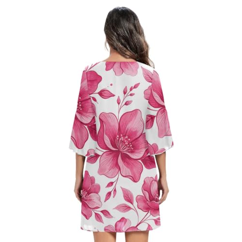 Robe courte en mousseline de soie col V et motif fleuri magenta d'exception