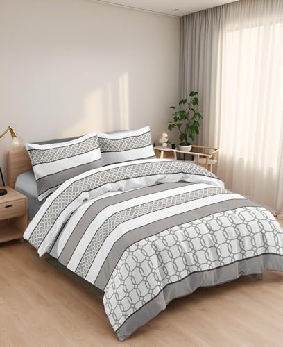 Juego de Funda Nórdica 4 Piezas Cama 150 Microfibra Extra Suave Transpirable - 1 Funda Edredón 240x220 cm, 1 Bajera 150x200+30 cm y 2 Fundas de Almohada 50x90 cm (Líneas Gris)