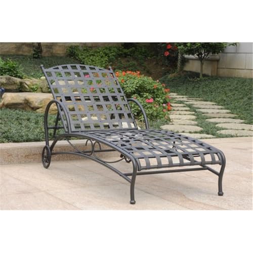 Pemberly Row Contemporary Iron Patio Chaise Lounge, 73 in x 26 in x 15 in, Antique Black Finish, Weather-Resistant Powder-Coated Frame, 5 Positions, UV Protection, Slatted Design, Wheels for Outdoor