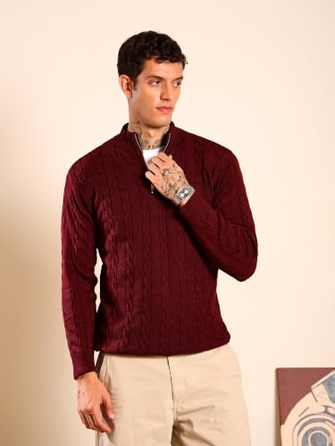 Image of Kvetoo Men's Wool High Neck Zipper Sweater, Full Sleeve Cable Knit Quarter Zip Winter Pullover