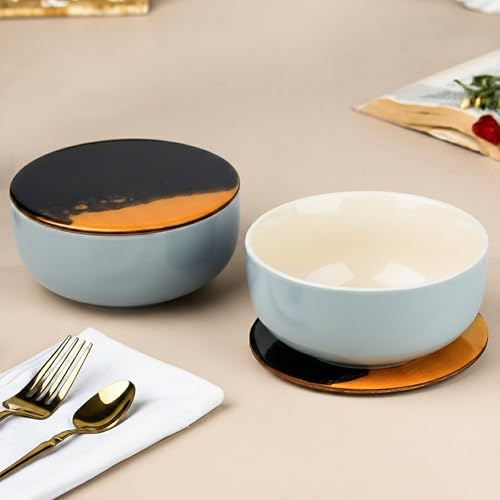 Image of The Earth Store Grey Mellow Ceramic Bowl With Lid /Coaster Set of 2, 450 ML Each | Dishwasher & Microwave Safe Serving Bowls for Snacks, Dal, Pasta, Vegetables and More | Perfect for Gifting, Daily Use