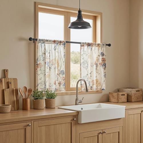 Image of MYSKY HOME Floral Linen Kitchen Tier Curtains 24 Inch Length 2 Panels Farmhouse Semi Sheer Privacy Small Window Treatments Rod Pocket for Bathroom Basement, Yellow, 30 inch Wide