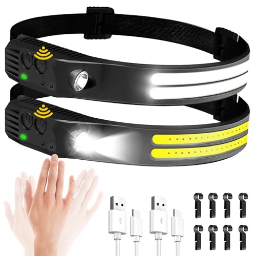 Paquete de 2 linternas recargables superbrillantes, 6 modos de iluminación con sensor de movimiento, gran angular de 230°, IPX5, impermeable, ligera, para senderismo, correr, camping