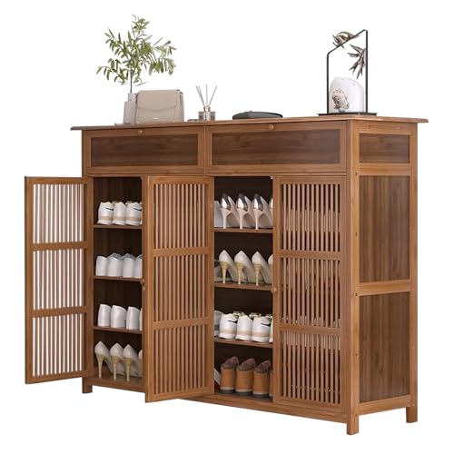 Armoire à chaussures 4 portes persiennes et 2 tiroirs, grand meuble d'entrée brun rustique