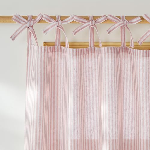 NICETOWN Pink Linen Curtains for Girls Room Tie Top Stripe Pattern Light Filtering Semi Sheer Window Treatments DIY Crafted Privacy for Bedroom W52 x L84 2 Panels