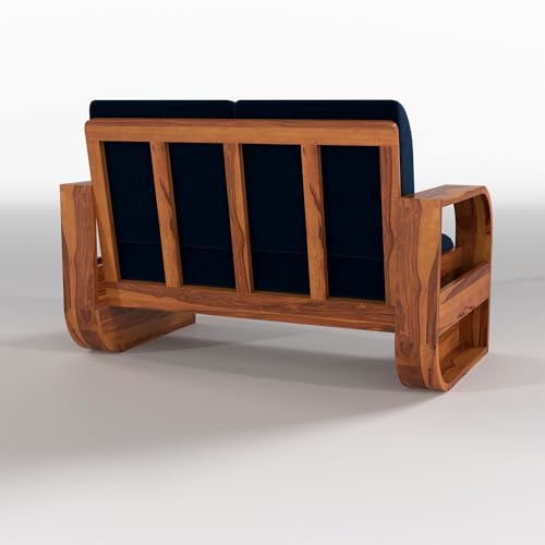 Image of Solid Sheesham Wooden 2 Seater Sofa Set with Blue Cushion for Living Room Furniture - Honey Finish