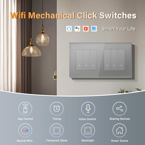 BSEED Lichtschalter Glas Smart WiFi Wechselschalter Compatibel mit Google Home und Alexa Neutrale Leitung Ben&ouml;tigt, 3 Fach 1 Weg, 157mm Grau