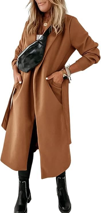 Tankaneo Womens Notched Lapel Collar Coats Open Front Long Jackets Overcoat with Belt - Image 4