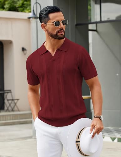 Image of COOFANDY Mens Knit Polo Shirts V Neck Textured Polo Shirts Short Sleeve Breathable Polo Casual Collared T Shirt Fashion Tops
