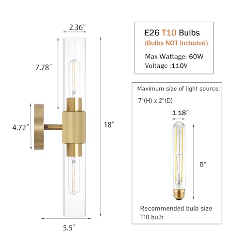 Image of BYOLIIMA Gold Knurled Texture Wall Sconce Clear Glass Shade Modern Bathroom Vanity Light Fixtures 2-Lights Mid Century Wall Light for Mirror Living Room Hallway E26 T10 Bulbs(Excluded)