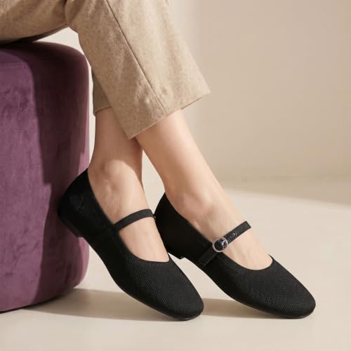 Image of FITORY Flats for Women, Mary Jane Ballet Square Toe Knit Ankle Strap Shoes