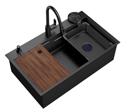 ブラック シングルボウル キッチンシンクステンレス 水やり蛇口&多機能アクセサリー付き 一体化 水はね防止 家庭用 耐傷 お手入れ簡単Fiozwea (68x45x22cm,ブラック)