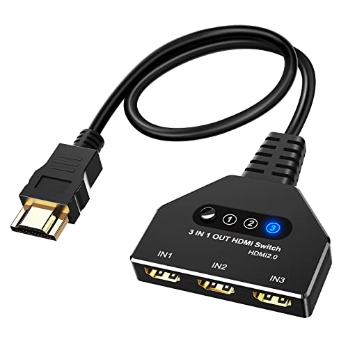 4K@60Hz HDMI Switch, HDMI Splitter 3 in 1 Out mit HDMI-Kabel, 3-Port Manueller HDMI 2.0 Switcher Unterstützt 4K@60HZ 3D 1080P HDCP 2.2 für PS5 Spielekonsole, PS4, XBOX, Blu-ray, Sky Q, Laptop, TV BOX Cover