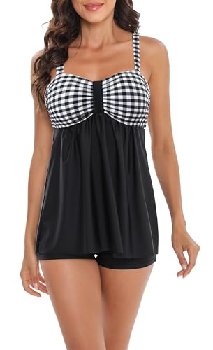 Laorchid Damen zweiteilig Badeanzug Push up Bademoden bauchweg Tankini Set Raffungen high Waist Tankini Beachwear Hotpants Schwarz mit Gitter 4XL(EU...