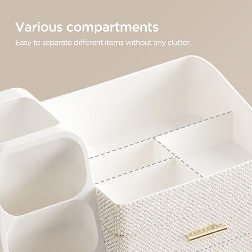 Image of HBlife Makeup Organizer with Brush Holder for Vanity, Large Plastic Bathroom Countertop Organizer Skin Care Storage, Easy to Store Nail Polishes, Perfumes, Eyeshadow Palettes, Pearl All White
