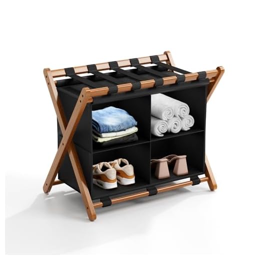 How to use a luggage rack in a hotel Bamboo Luggage Rack with Storage Compartments