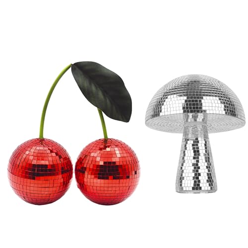 Juego de decoración disco cereza y seta: cereza roja espejada con soporte + seta plateada para dormitorio, fiesta y habitación universitaria miniatura 1