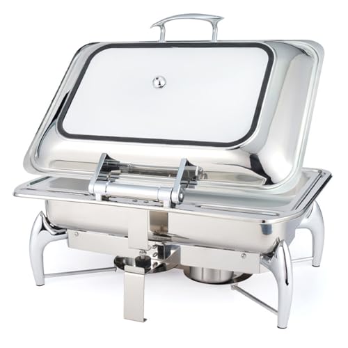 Servidor De Buffet De Acero Inoxidable 10L - Juego De Platos Rectangulares con Tapa De Vidrio, Bandeja De Agua Y Soporte De Combustible para Bodas, Banquetes, Fiestas
