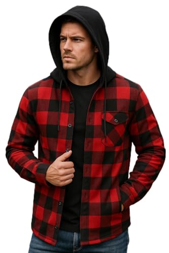 Chemise Thermique à Capuche, Motif Carreaux Rouge et Noir, Style Canada - LesTrésors d'érable (FR/ES, Alpha/Lettres, S, Taille Normale, Taille Normale)