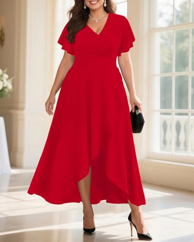 Image of Pinup Fashion Plus Size Formal Wedding Guest Cocktail High Low Long Dress | Elegant wrap v-neck, flutter sleeves, empire waist, hi-lo split ruffle hem, evening, mother of bride /groom, easter