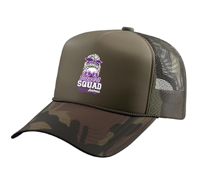 Family Support Lupus Awareness Purple Ribbon Trucker Hat with Adjustable Mesh Back, Camo Green