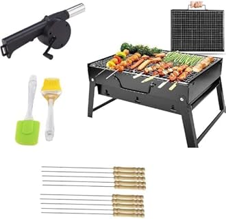 Barbecue Grills - Foldable Charcoal Barbeque Grill With (2 Spatula, 1 BBQ, 10 Stick & 1Air Blower) Outdoor Bbq Grill Tools For Camping Picnics Traveling - Stellar Black ( Barbecue set )