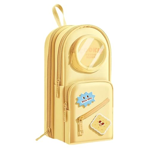 Image of Canvas School Bag Pencil Case, 3 Layer 6 Compartment Large Capacity, Aesthetic Pencil Pouch for Stationary, Cute Stationery for Kids, Pencil Case for Girls & Boys (Cookie - Yellow)