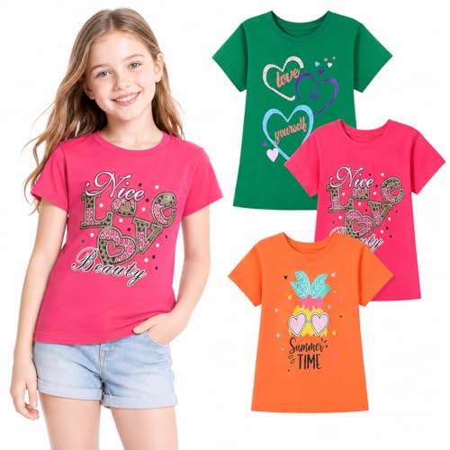 Image of HILEELANG Girl Short Sleeve Tee Shirts Cotton Casual Summer Graphic Tops T-Shirts Multipack
